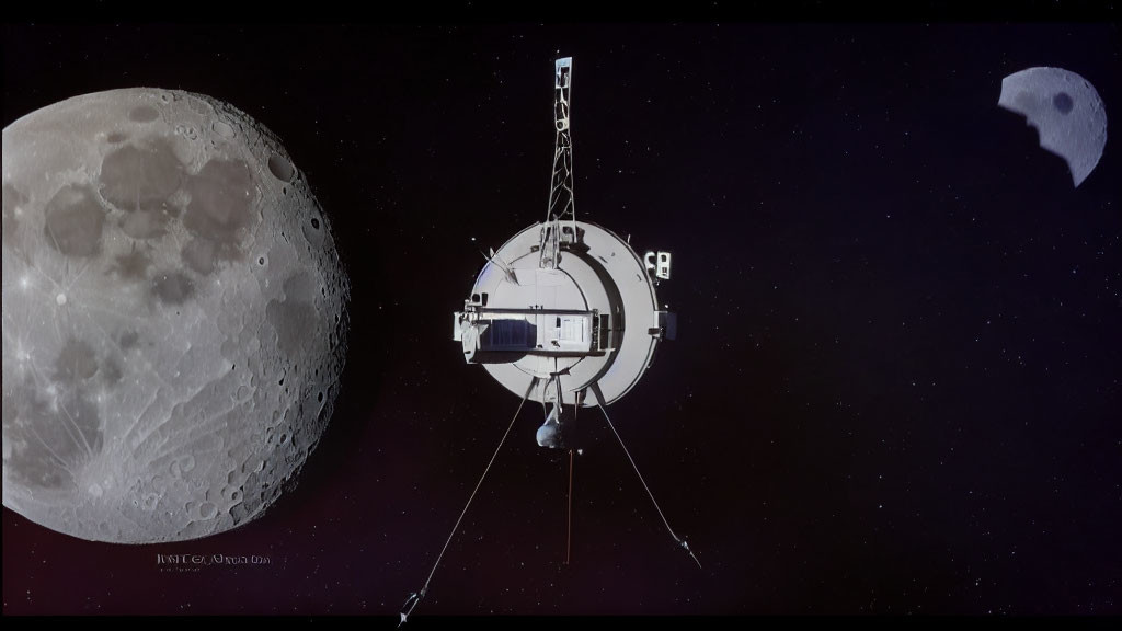 Spacecraft with large antennas near cratered moon and Earth crescent in the distance