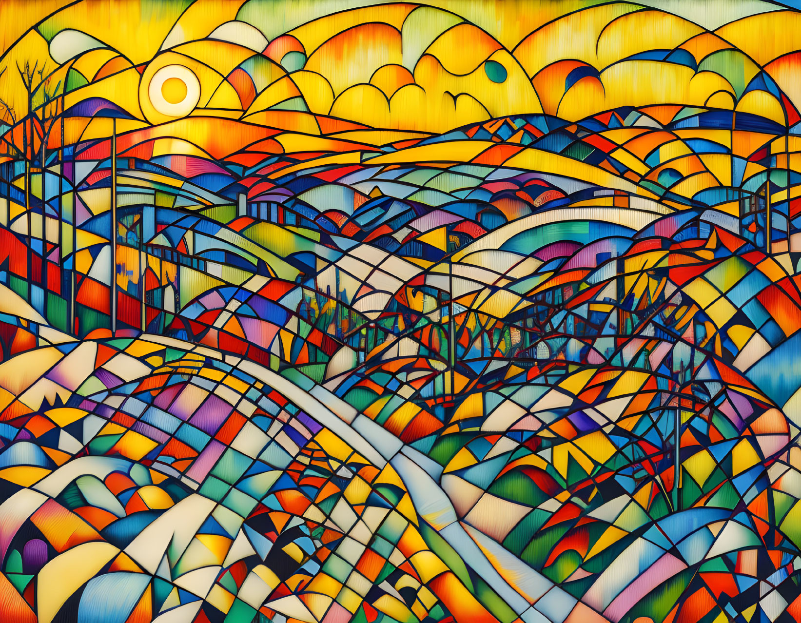 Colorful Stained Glass Artwork of Rolling Hills Under Sunlit Sky