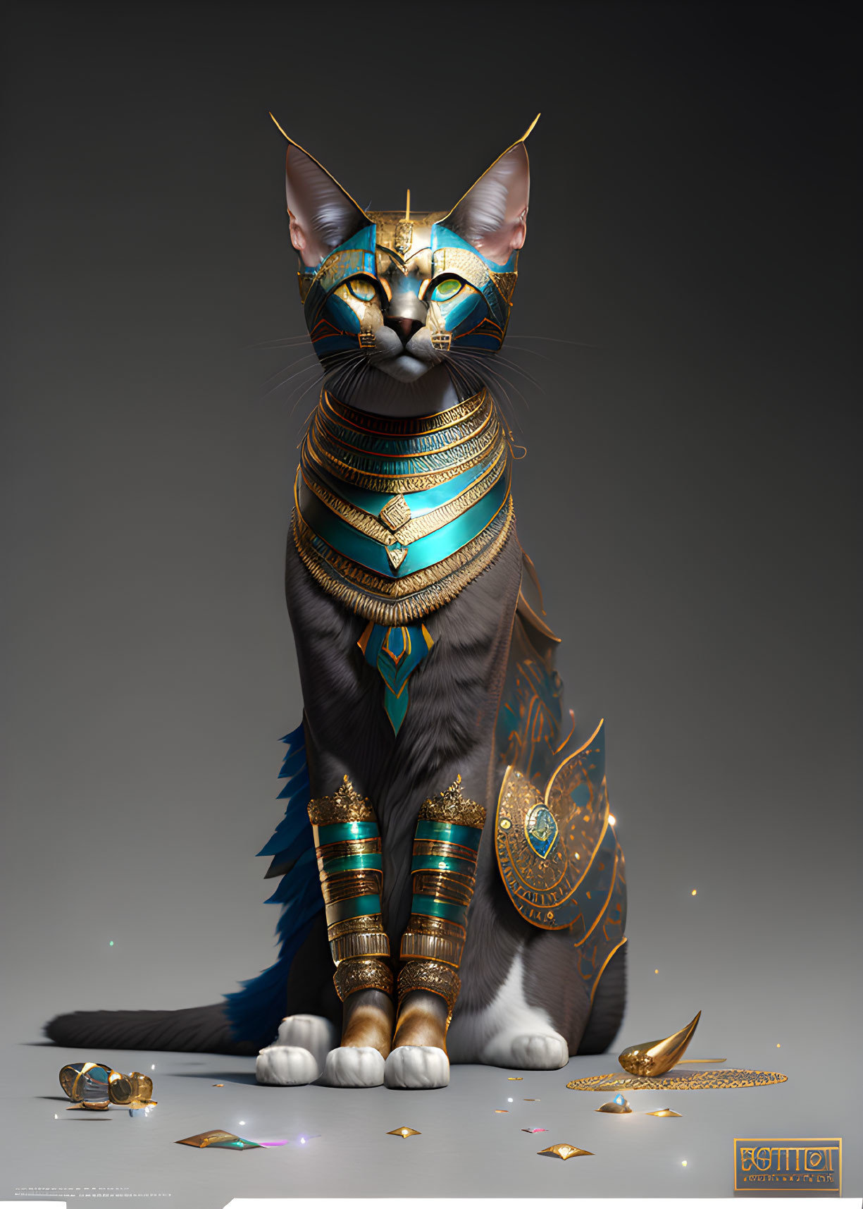 Regal digital artwork: Cat with Egyptian-style jewelry