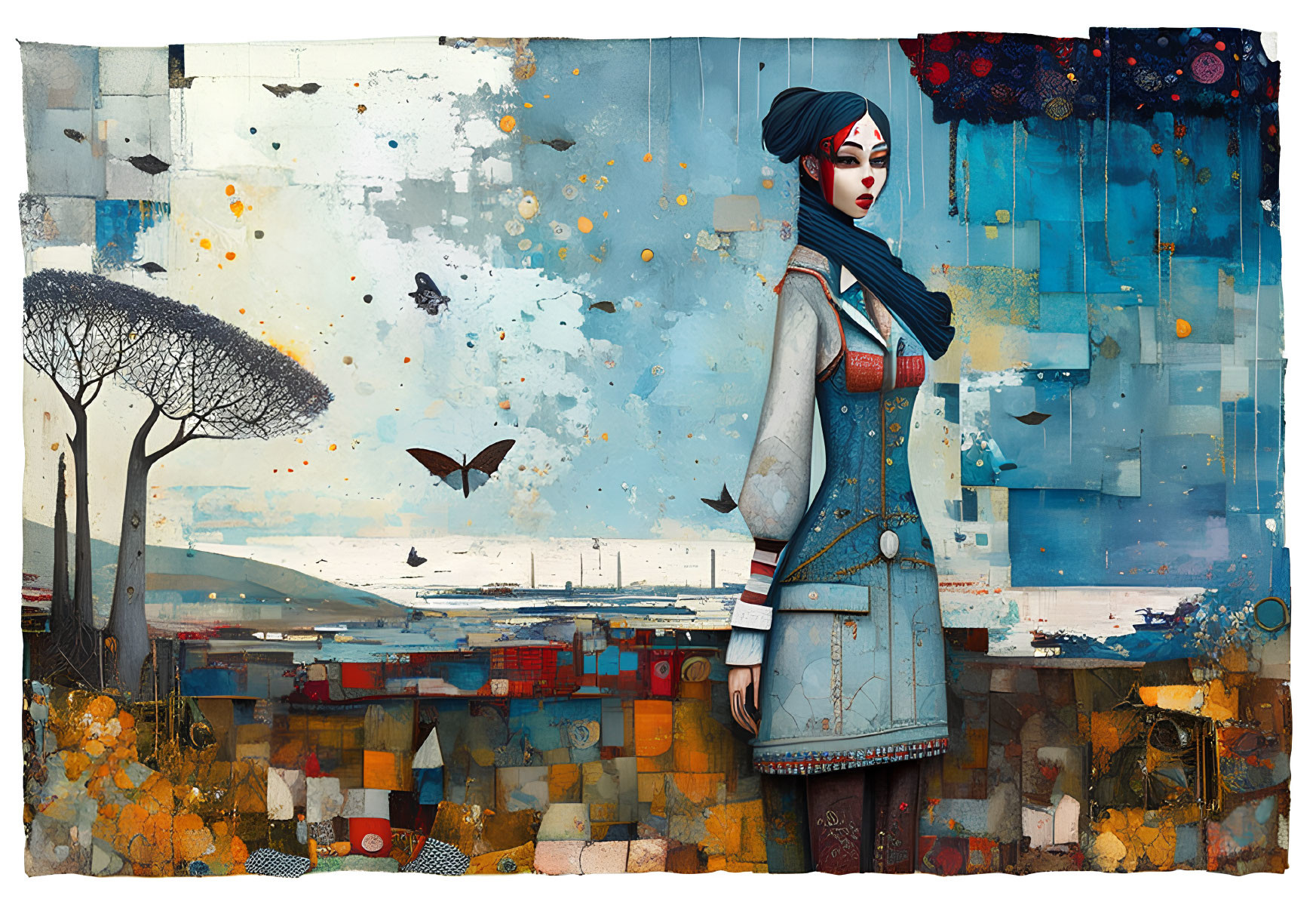 Stylized illustration of woman in blue coat with abstract backdrop