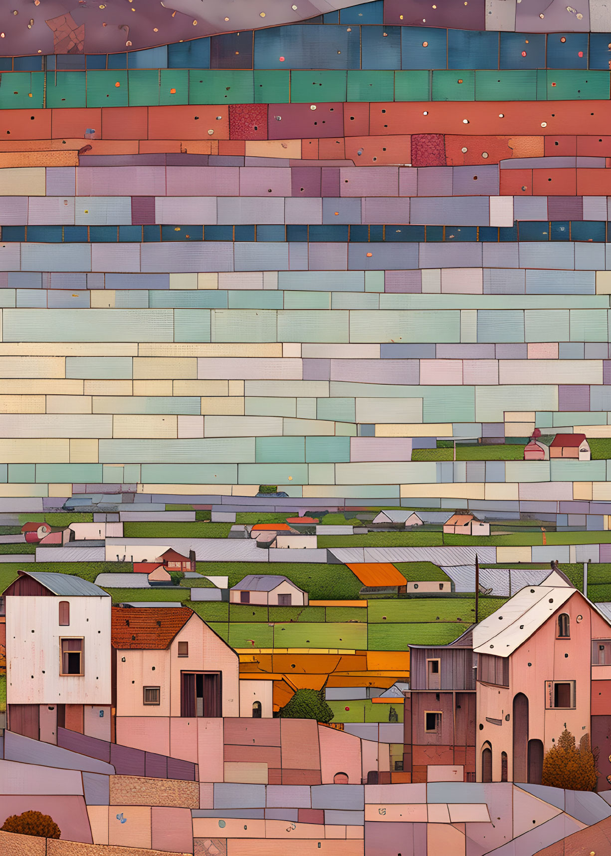 Vibrant patchwork-style illustration of layered landscape textures