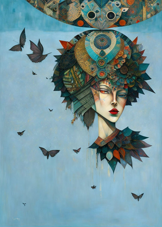 Stylized painting of woman's face with headdress and butterflies on blue background