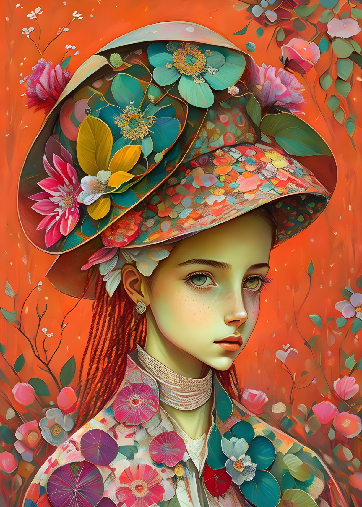 Vibrant digital illustration of a girl with floral hat among rich red and orange flowers