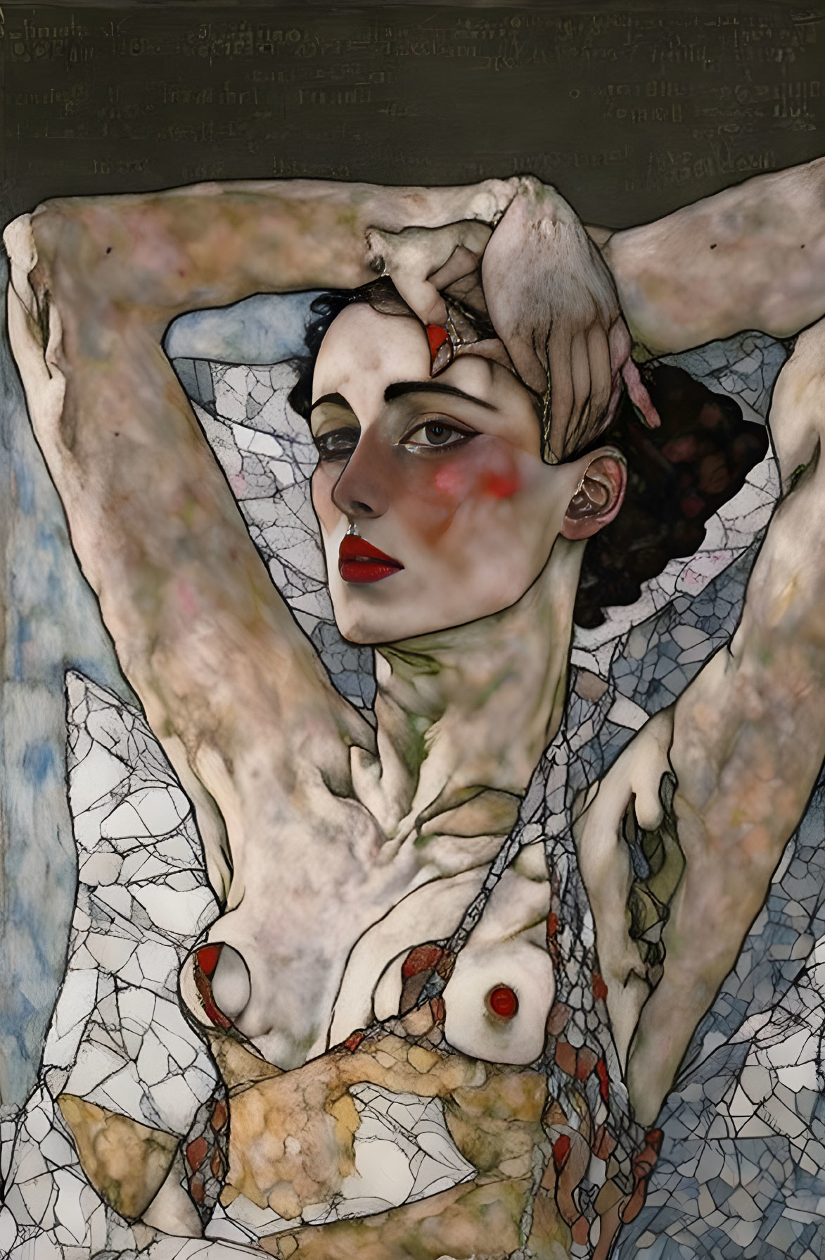 Stylized painting of woman with pale skin, dark hair, red accents, and intricate web-like