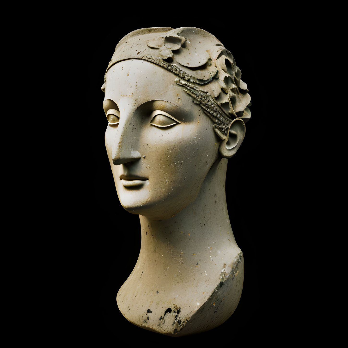 Stylized female head sculpture with classical design on black background