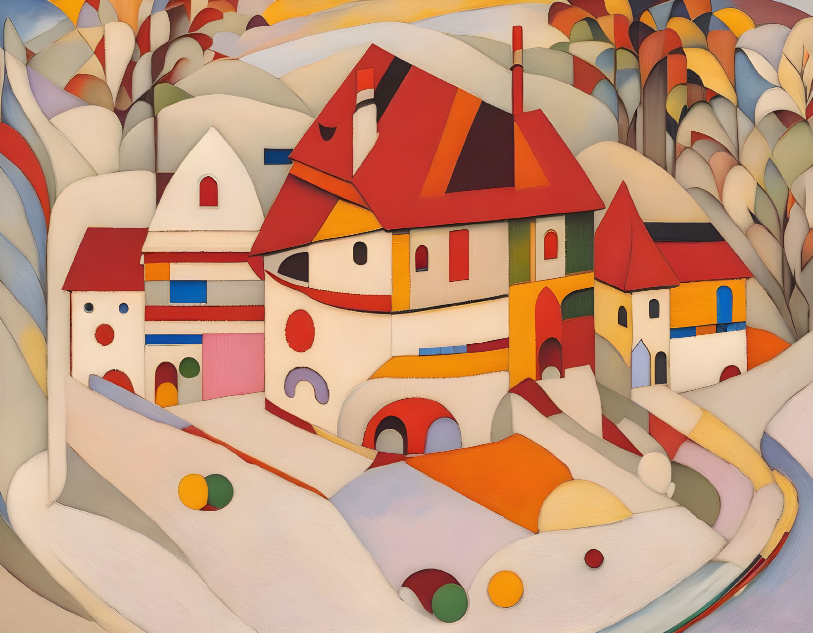 Colorful Geometric Houses Among Autumnal Hills