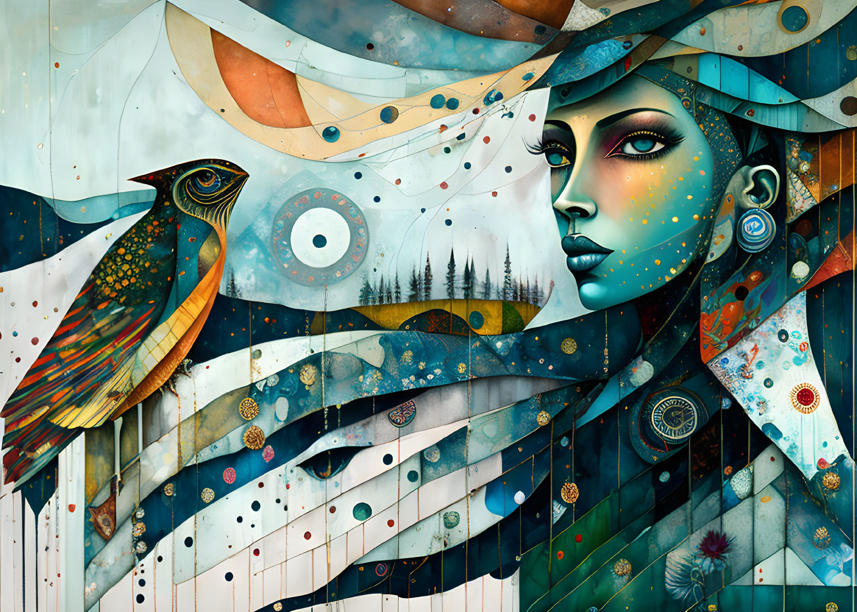 Vibrant surreal portrait blending woman's face with nature and cosmic elements