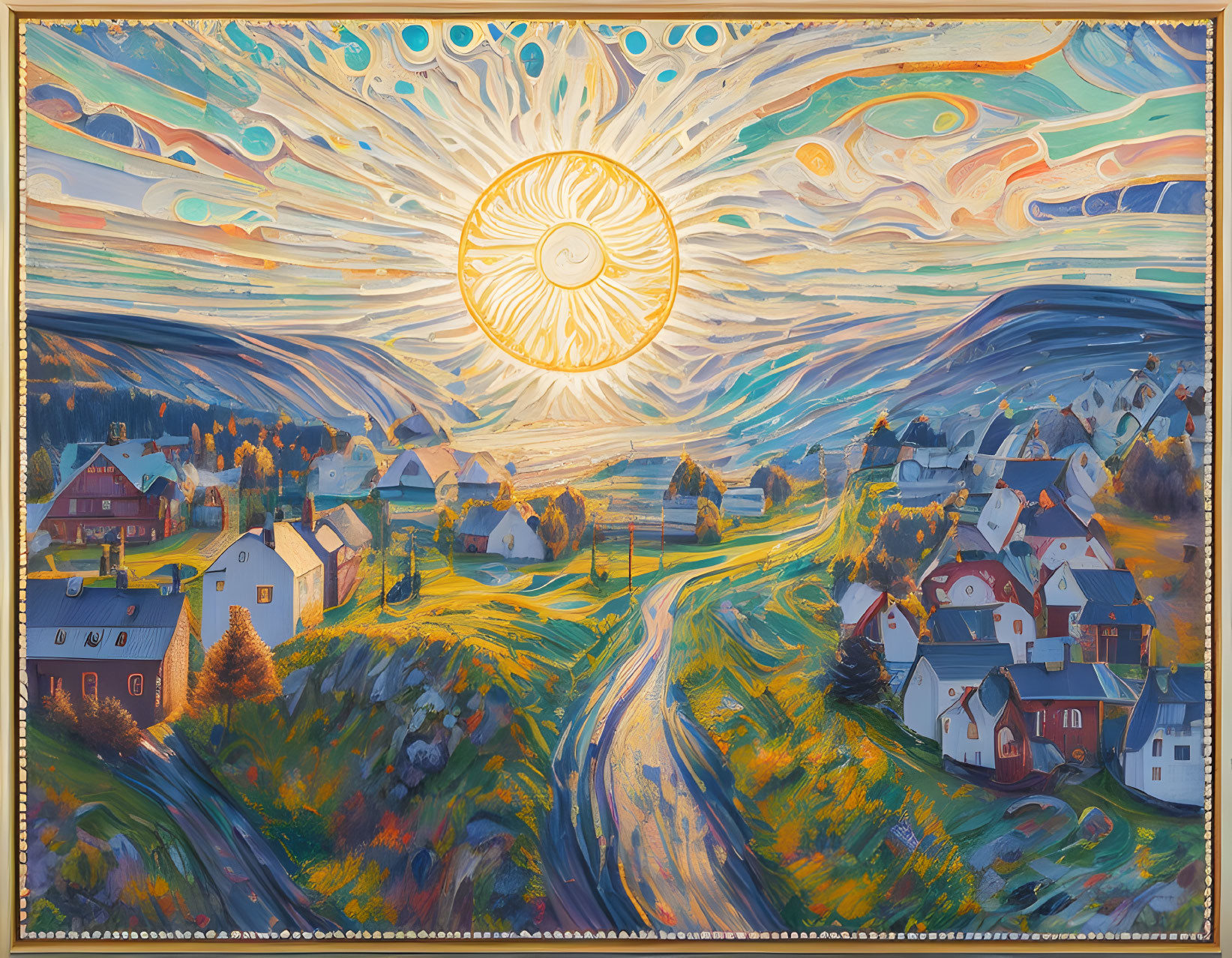 Colorful Sunburst Painting of Village with Radiant Sun