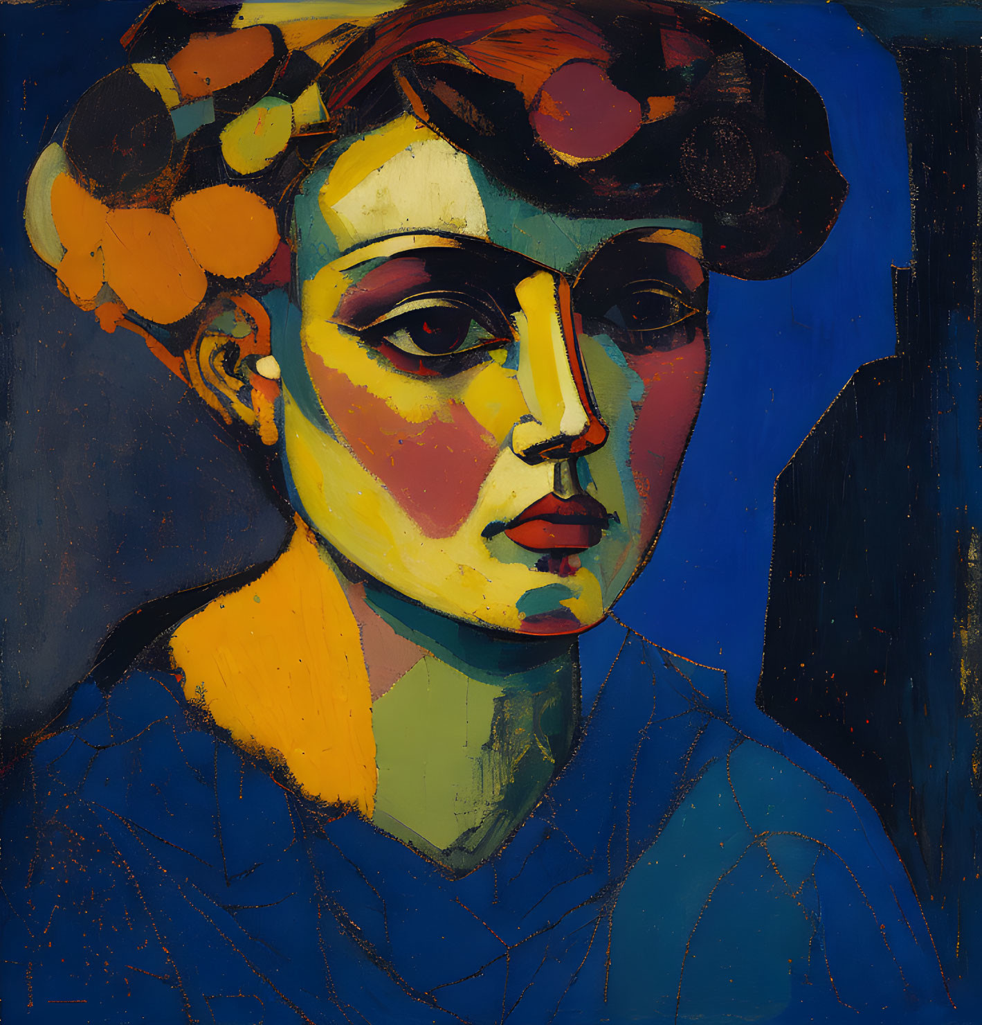 Vibrant abstract portrait of a woman with striking eyes on blue backdrop