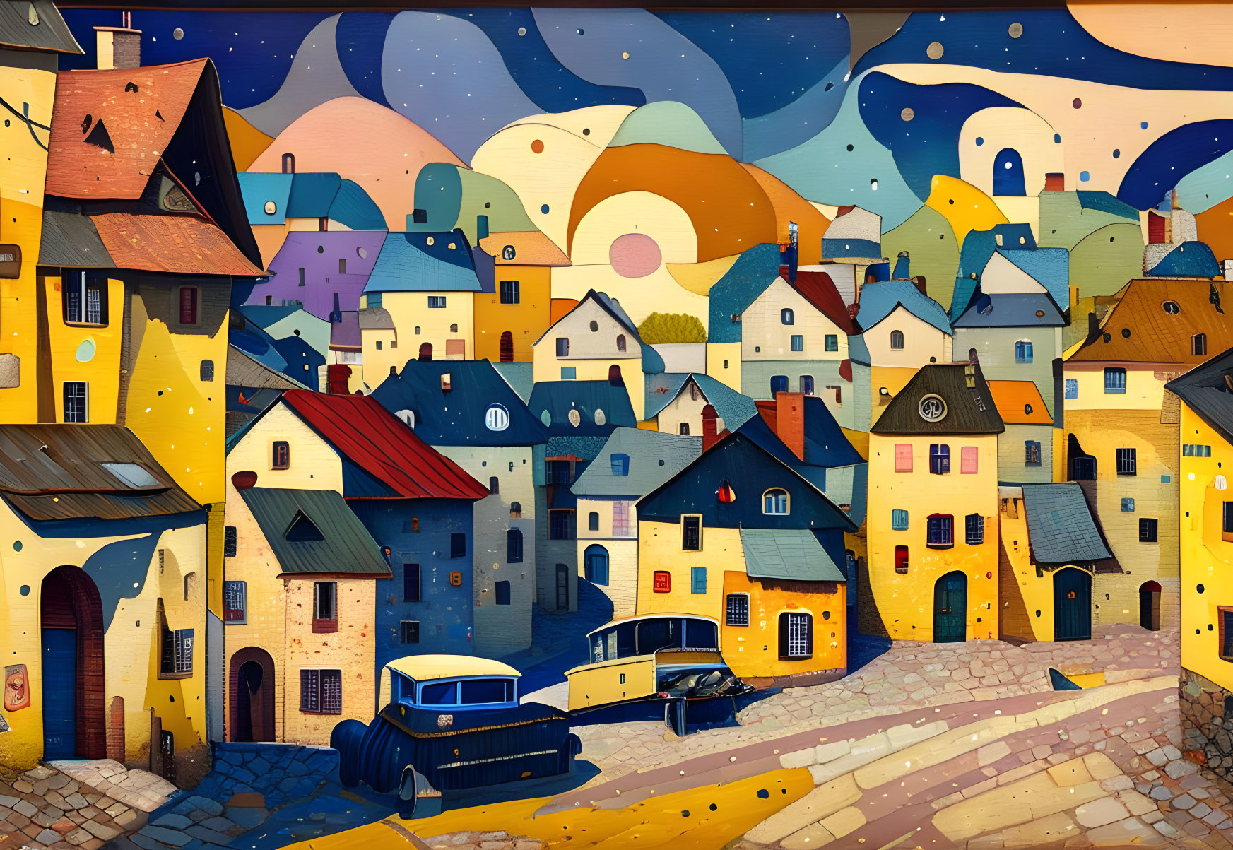 Vibrant village scene with whimsical houses and vintage cars under starry night sky