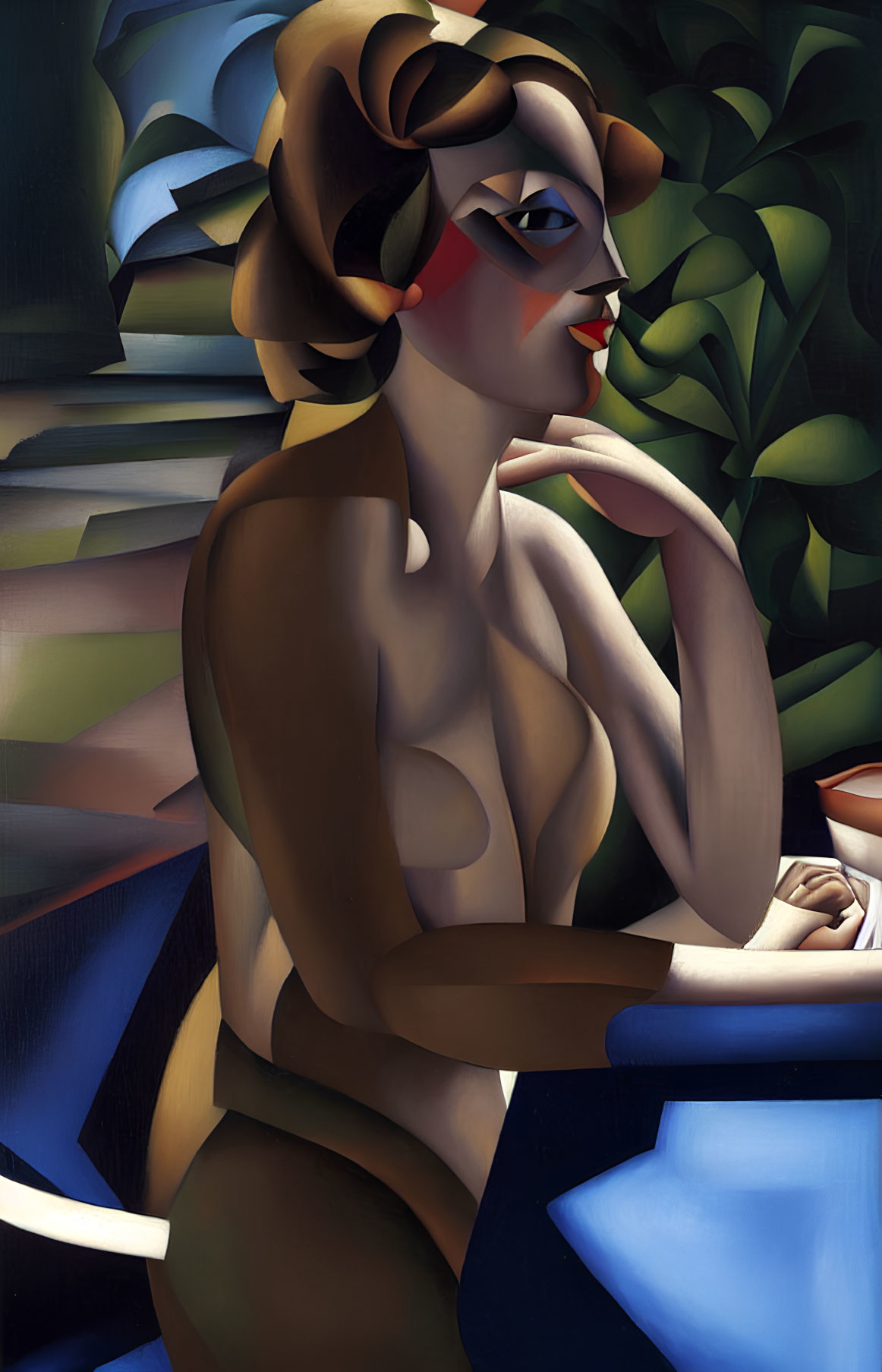 Art Deco Style Painting of Stylized Woman with Geometric Shapes