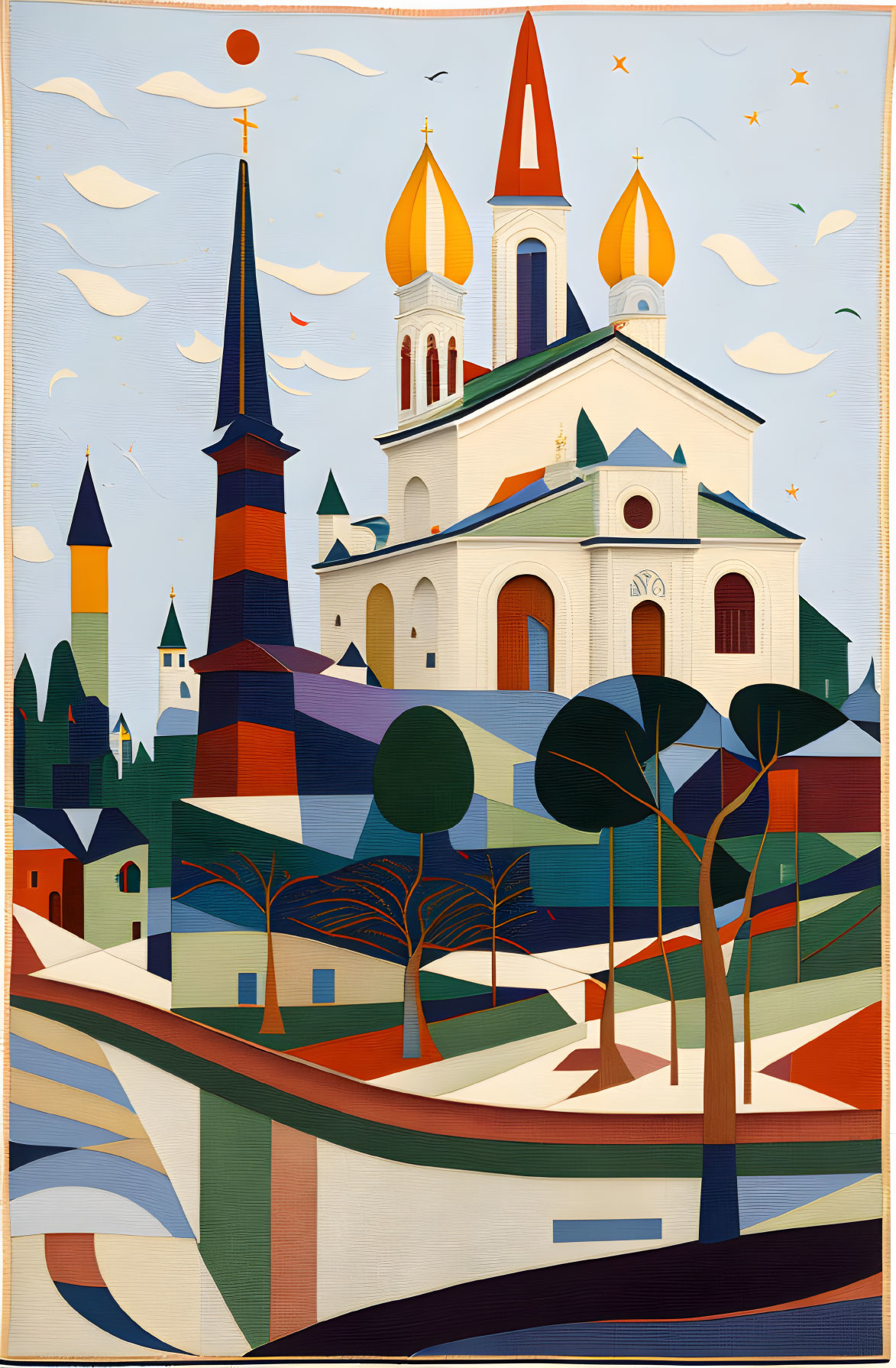 Colorful Geometric Landscape Featuring Church, Buildings, Trees, Rivers, and Birds