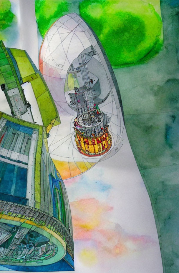 Detailed Watercolor Painting of Spacecraft Cross-Section