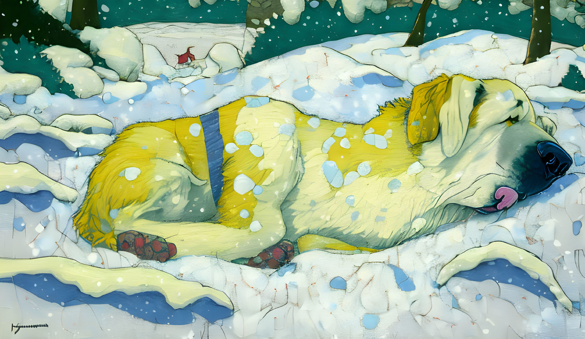 Yellow Dog Sleeping in Winter Coat on Snowy Ground With Red Scarf