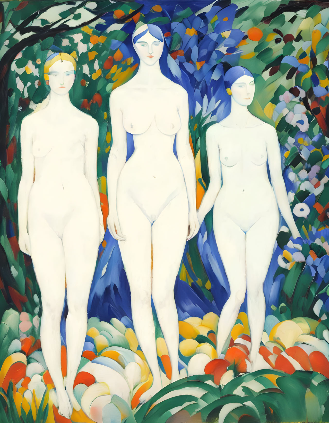 Abstract nude female figures in lush floral setting with serene expressions