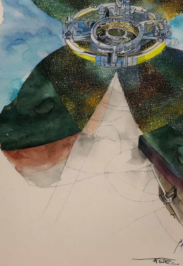 Imaginative watercolor painting of futuristic space station on cracked landscape