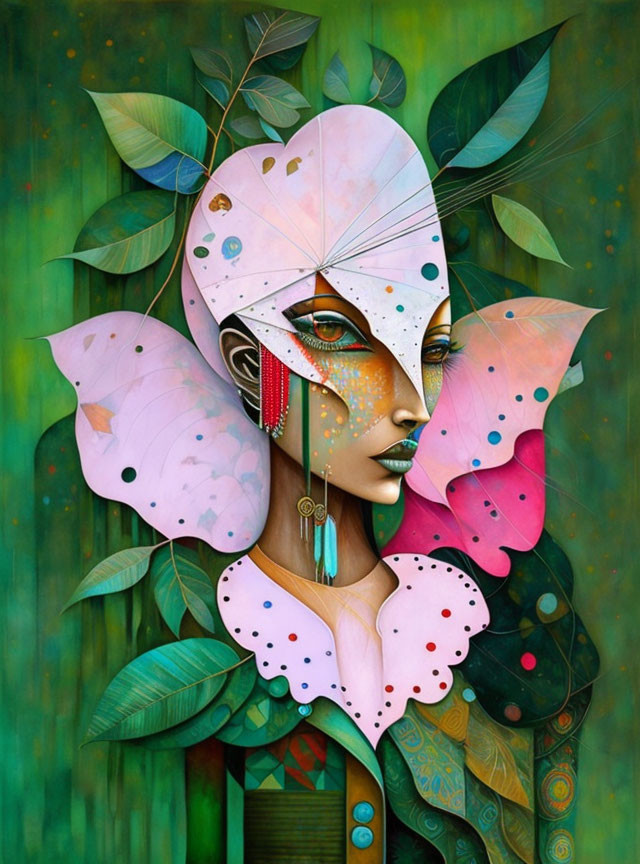 Stylized woman with heart-shaped face surrounded by colorful leaves and butterflies