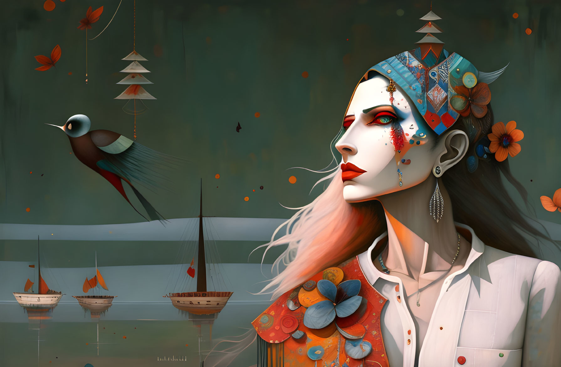 Stylized woman with painted face gazes at bird in surreal backdrop