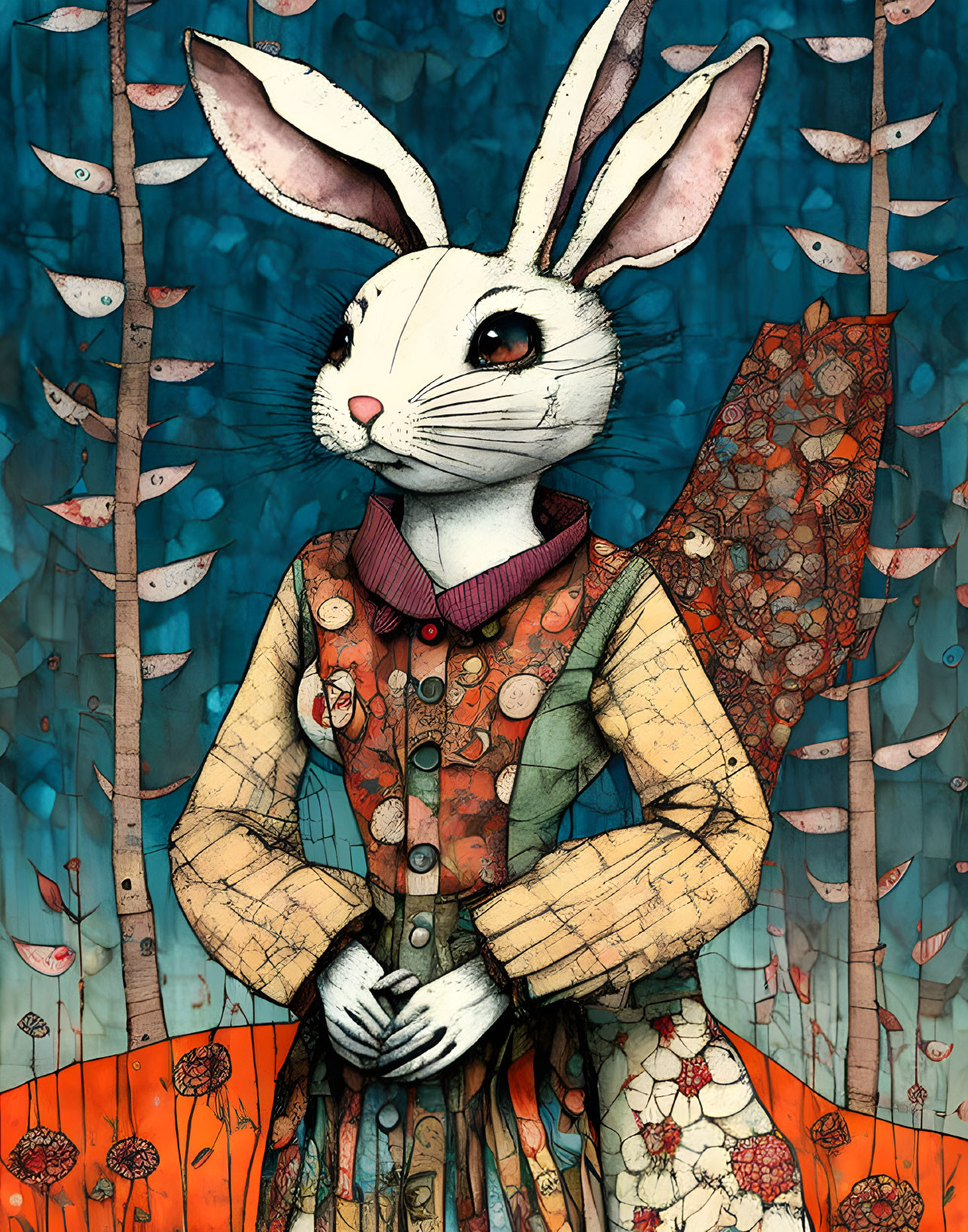 Elegant anthropomorphic rabbit with butterfly wings in blue forest