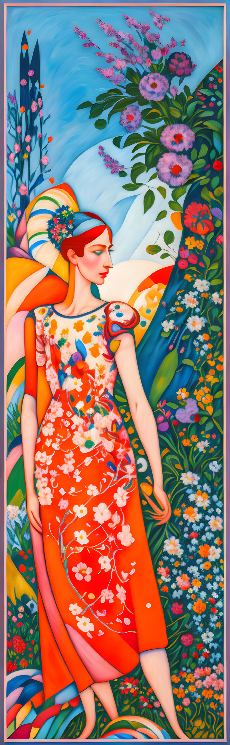 Vibrant painting of woman in orange dress with garden and rockets