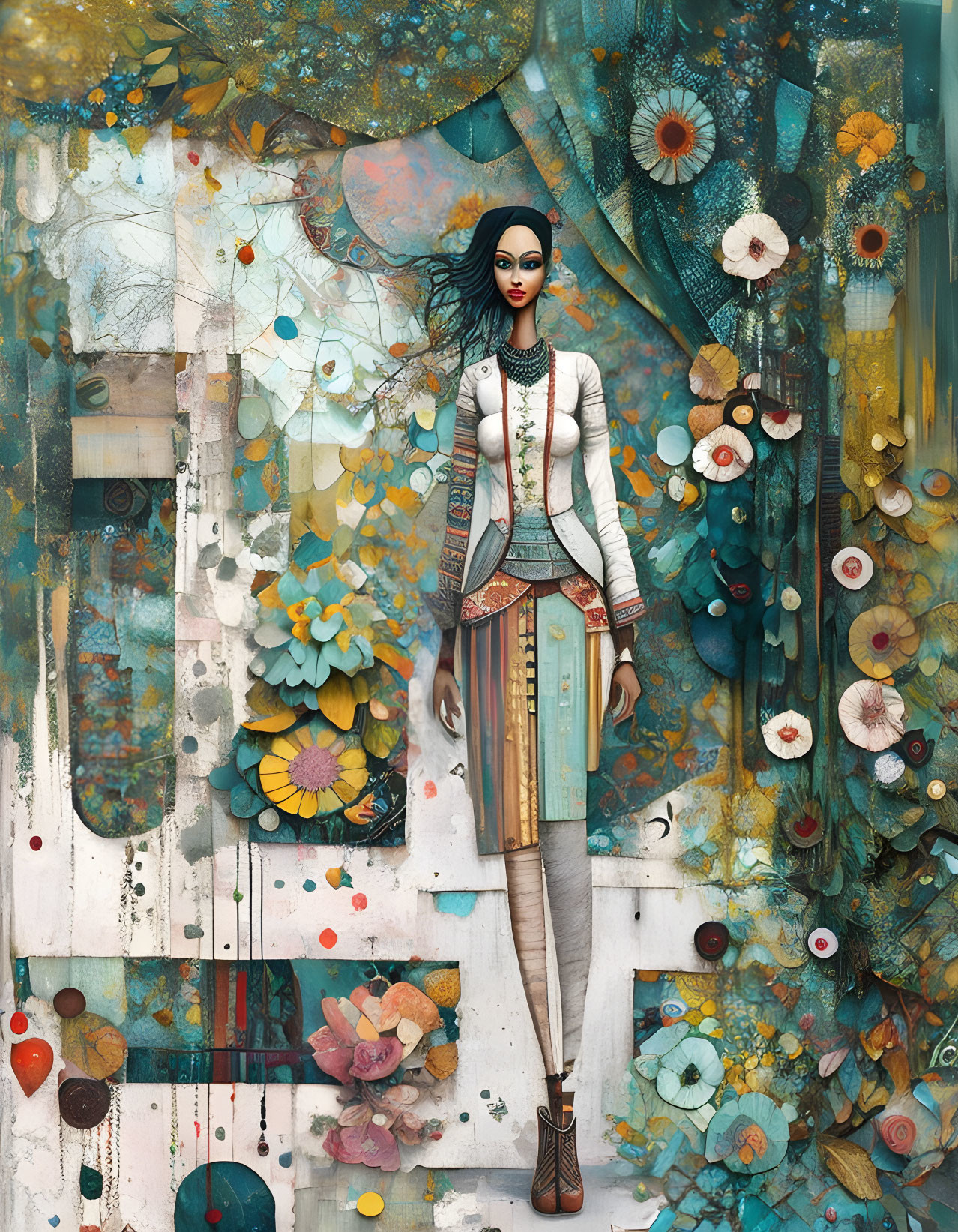 Dark-Haired Woman in Eclectic Clothing with Abstract Floral Background