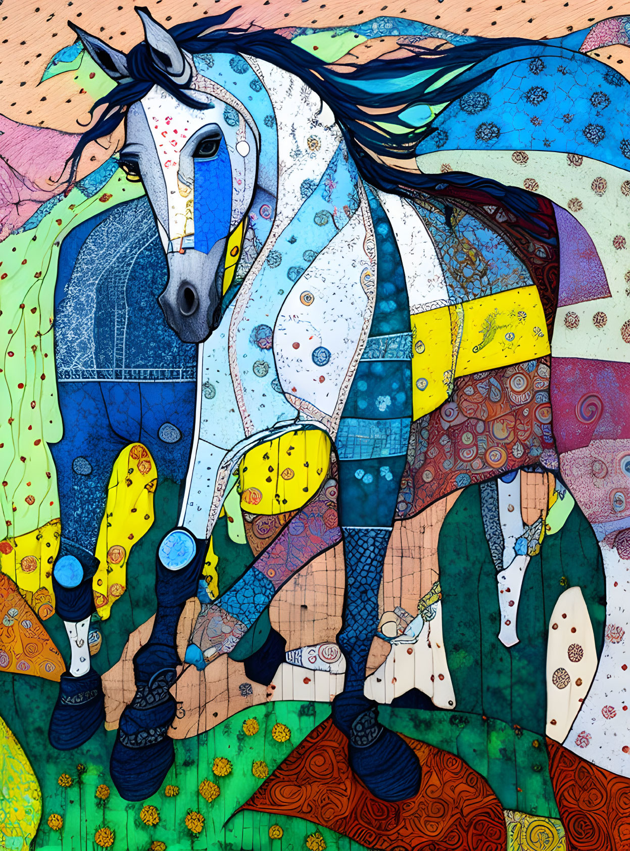 Colorful Horse Illustration with Vibrant Patterns & Textures