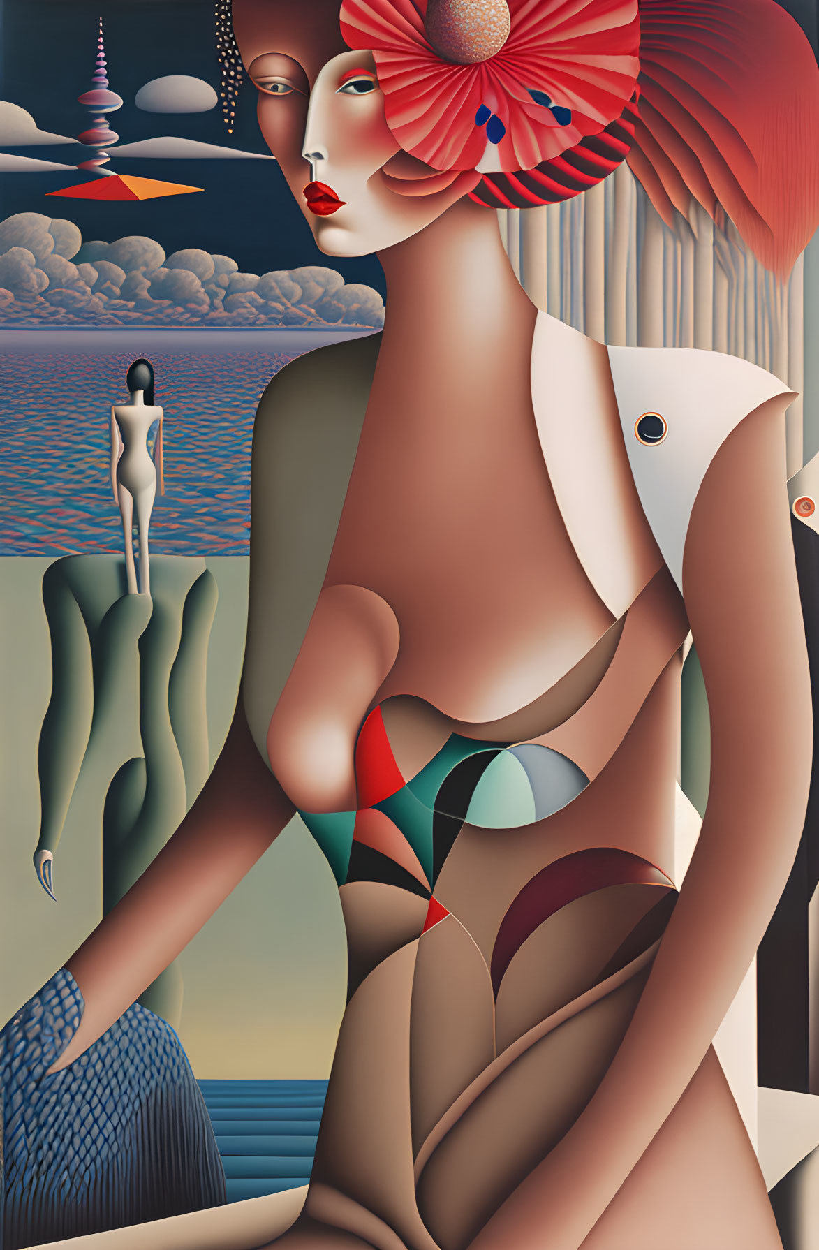 Stylized surreal female figure against serene seascape