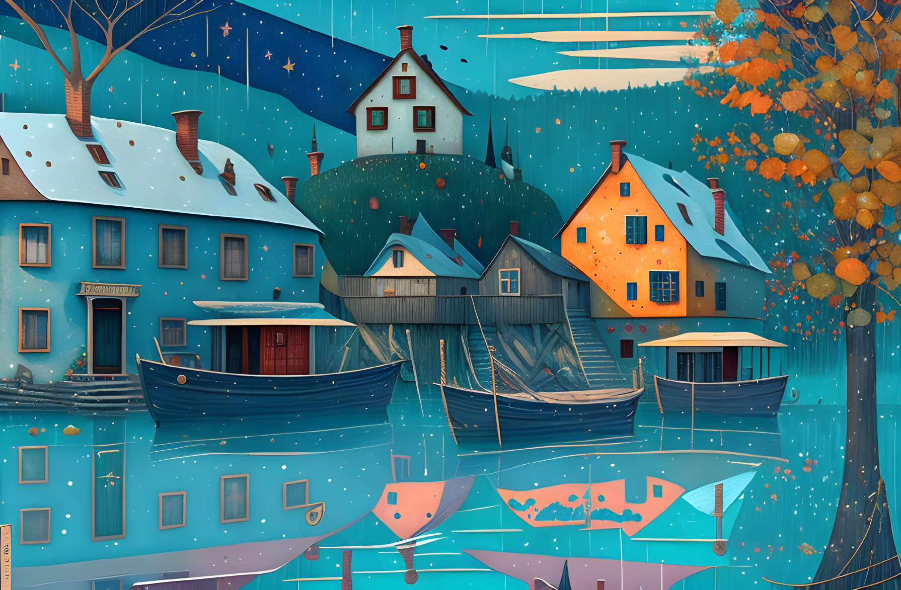 Vibrant Coastal Village Scene with Boats, Houses, and Starry Sky