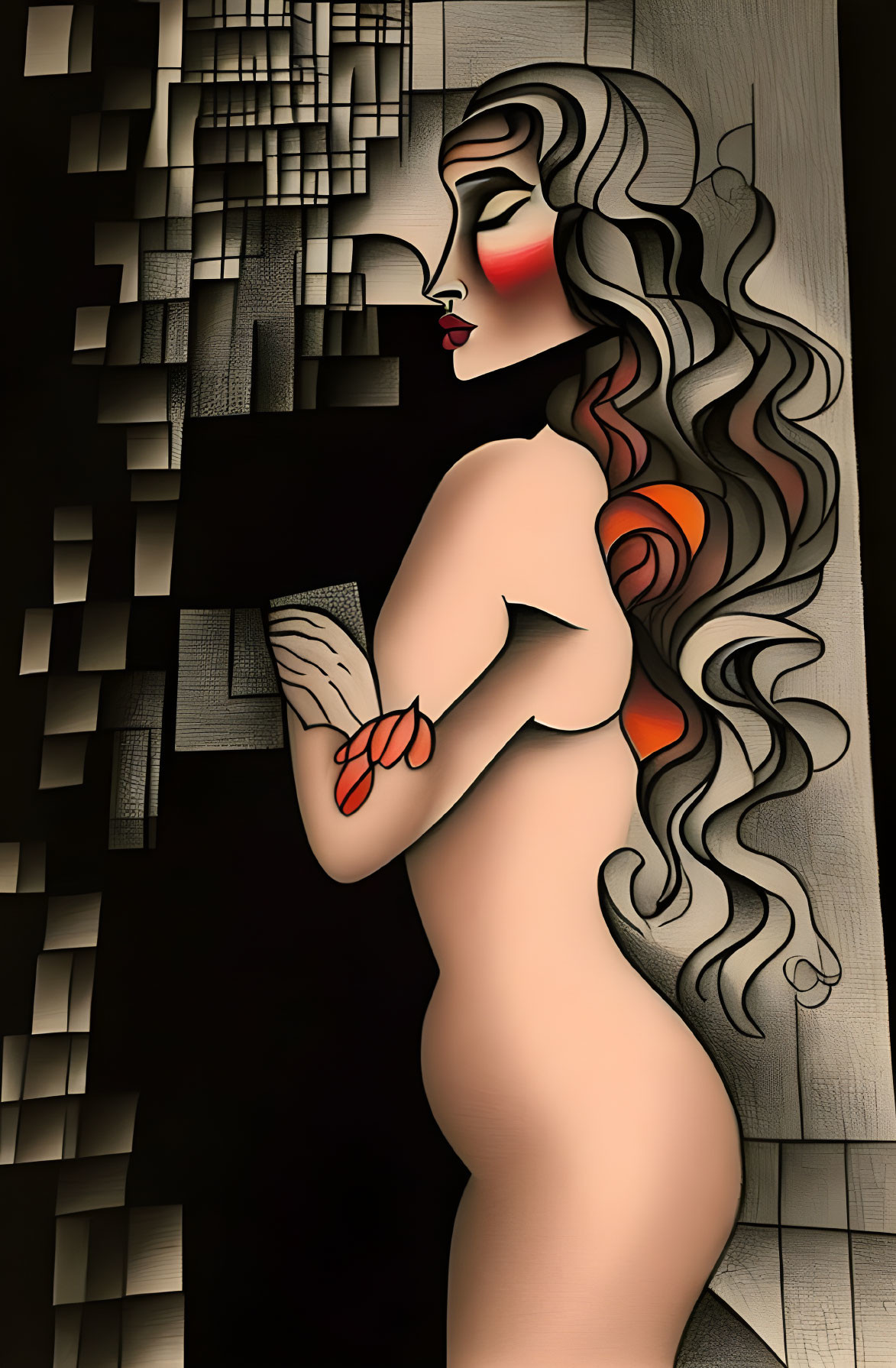 Stylized nude female figure with flowing hair on abstract background