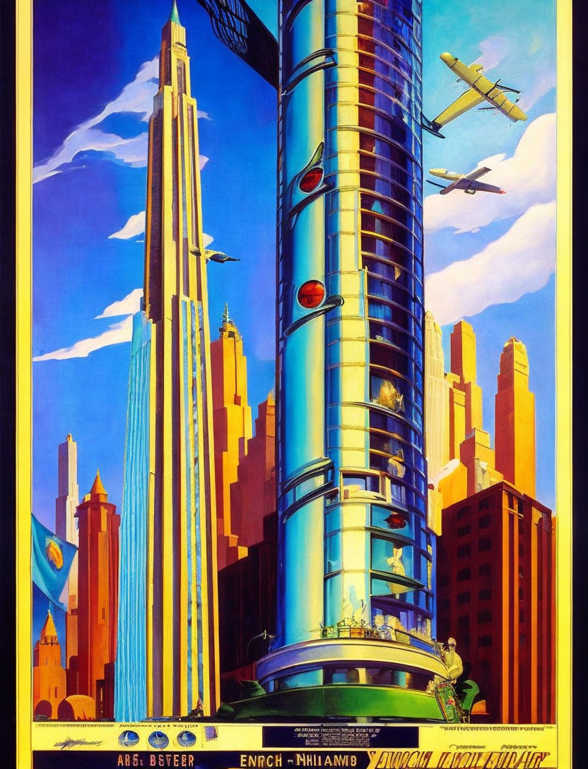 Colorful retro-futuristic poster with skyscraper, road, cars, and airplane against blue sky