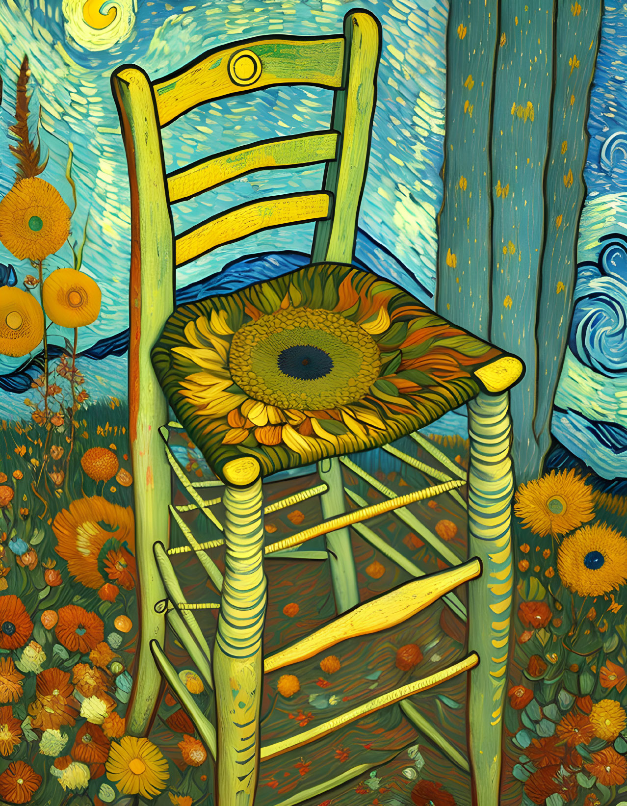 Illustration of yellow chair with sunflower in Van Gogh style