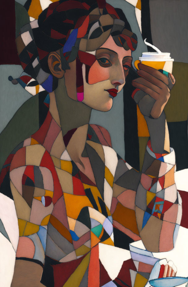 Colorful Cubism-Inspired Woman Holding Coffee Cup