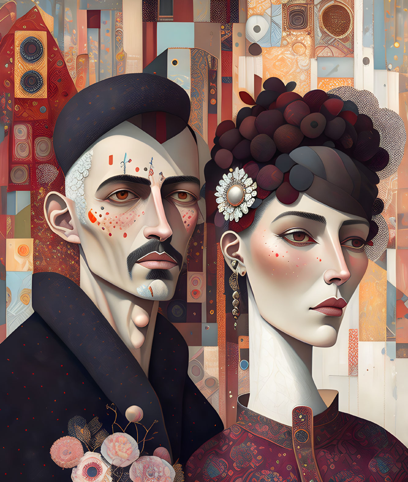 Intricate stylized portrait of man and woman on mosaic background