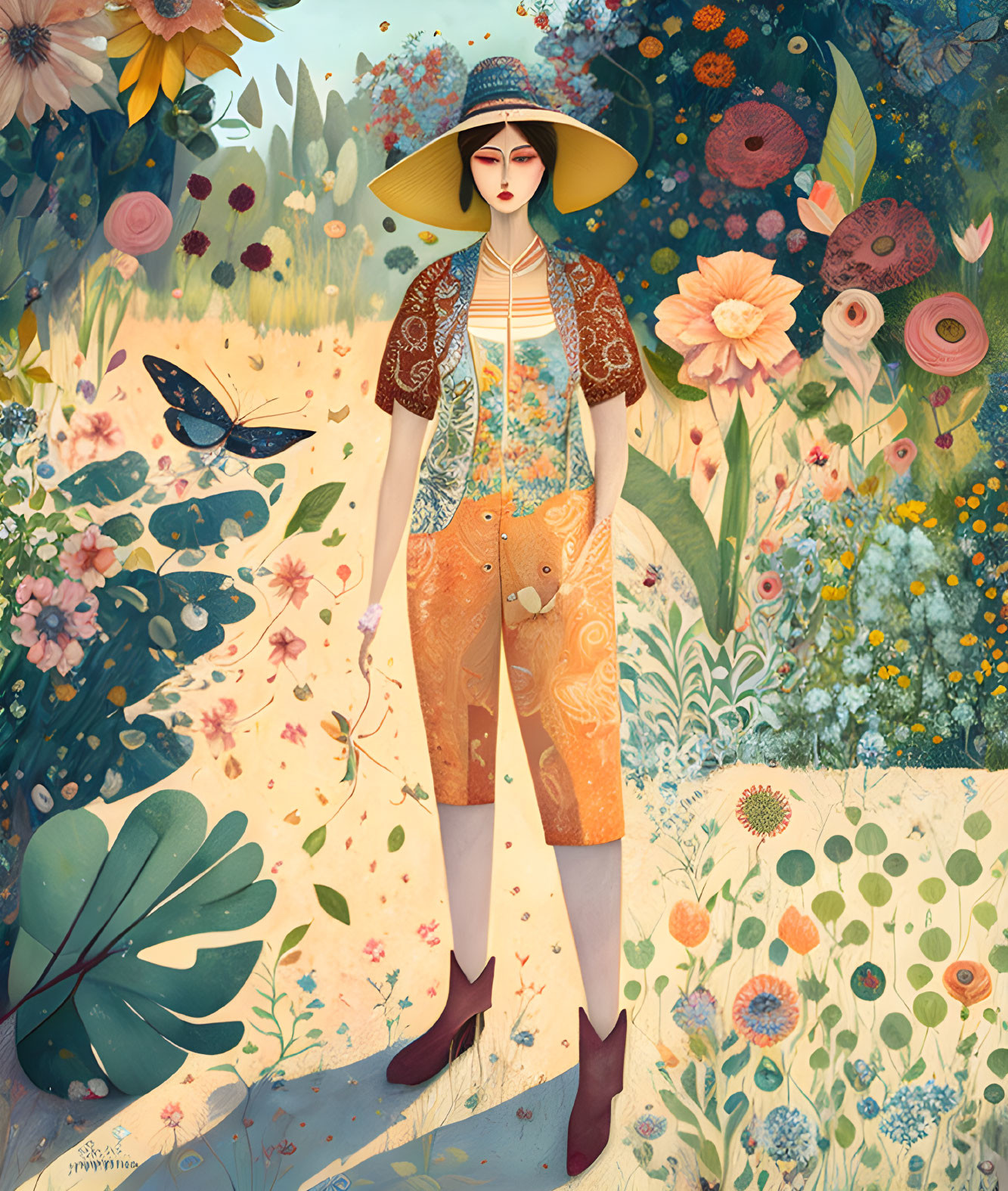 Illustration of woman in garden with oversized flowers and colorful outfit