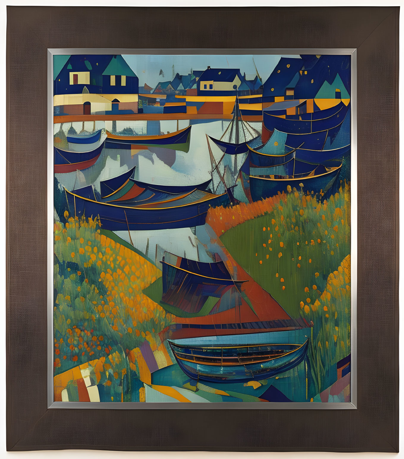 Vibrant painting of boats on water with floral foreground and quaint houses in dark frame