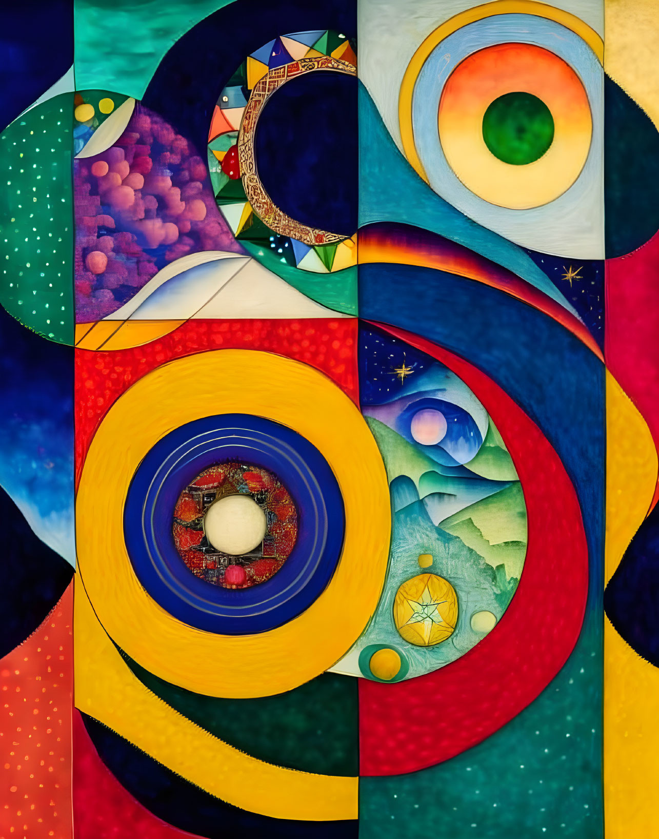 Colorful Geometric Painting with Circles, Mountains, Stars, Compass, and Pearl Center