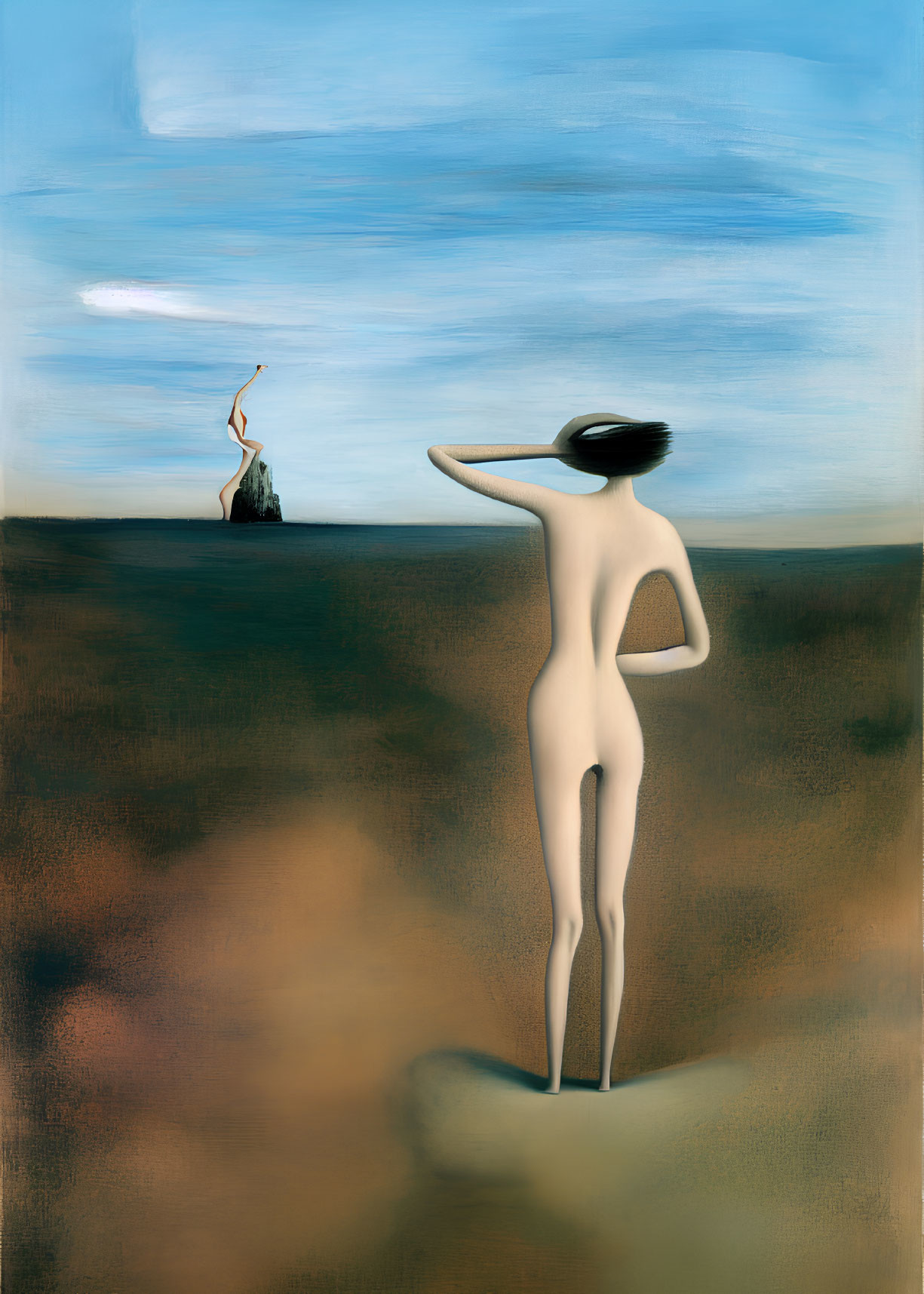 Surrealist painting of two obscured figures in barren landscape