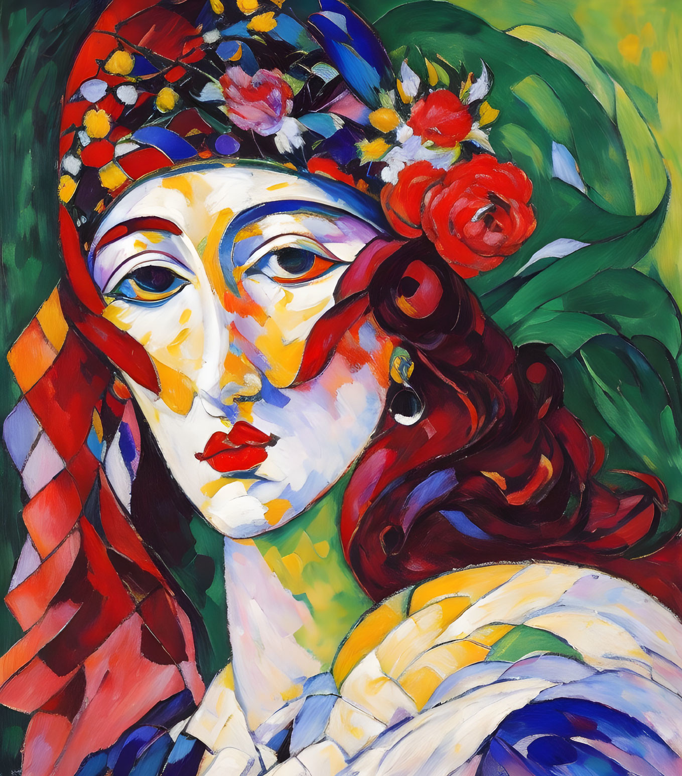 Colorful abstract portrait of a woman with vibrant headdress and face paint