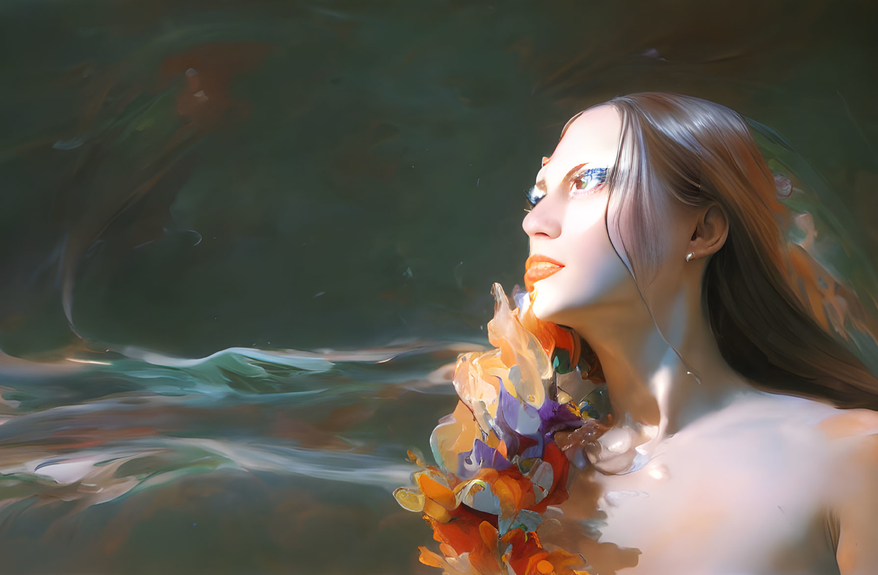 Woman with Long Hair and Floral Adornments in Serene Water-Like Backdrop