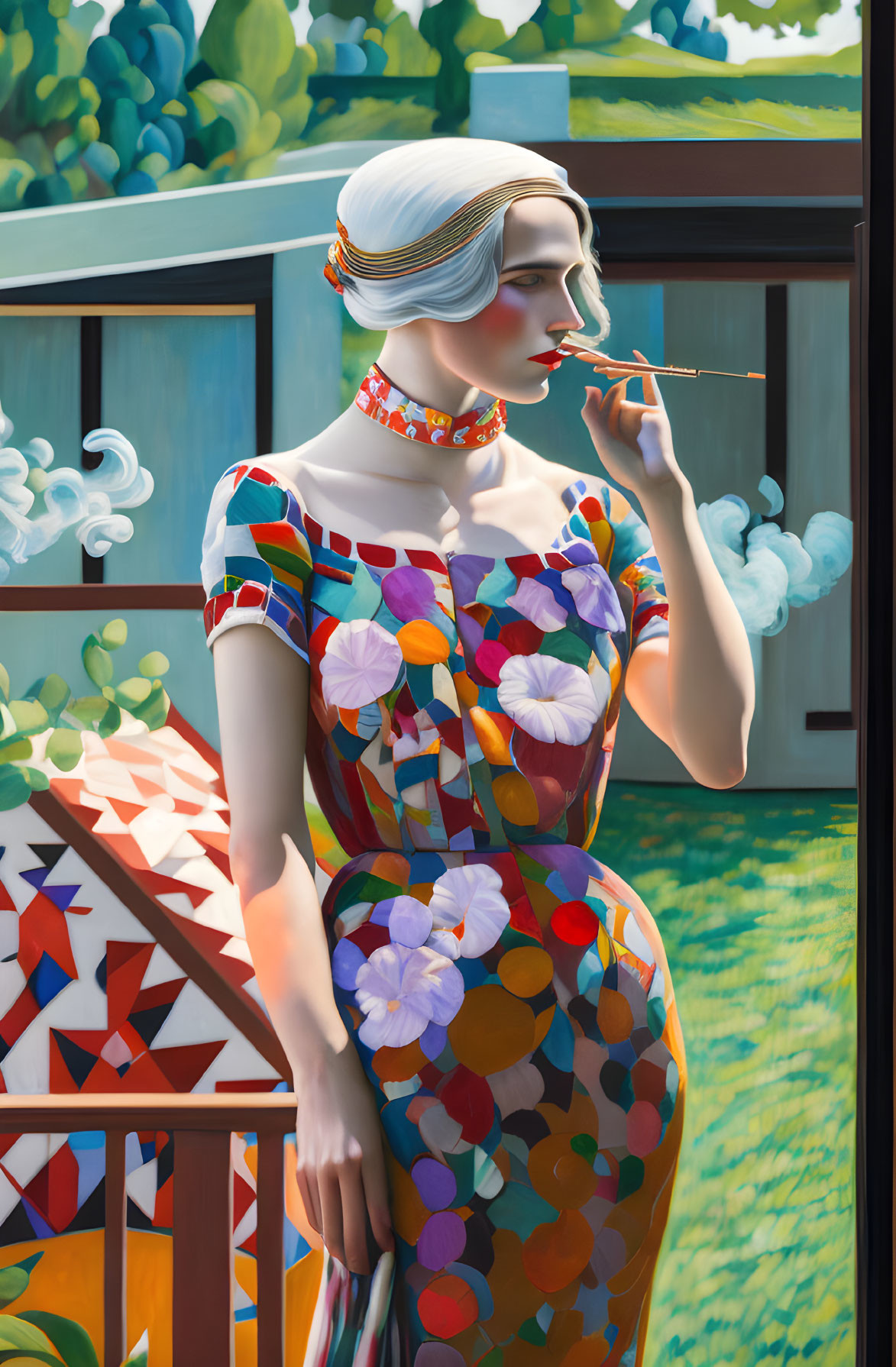 Colorful Floral-Patterned Dress Mannequin with Turban and Cigarette