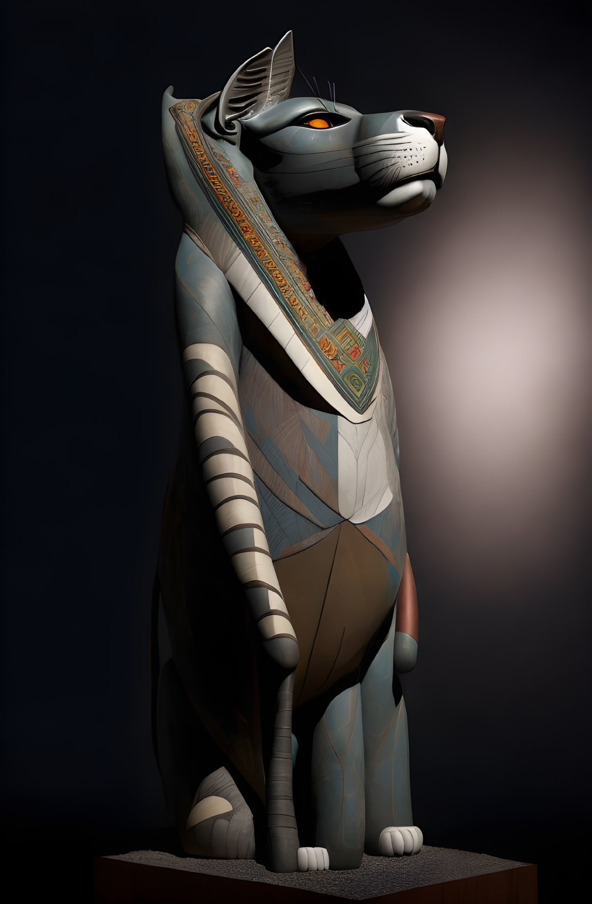 Digital sculpture: Anthropomorphic feline figure with Egyptian motifs on dark background