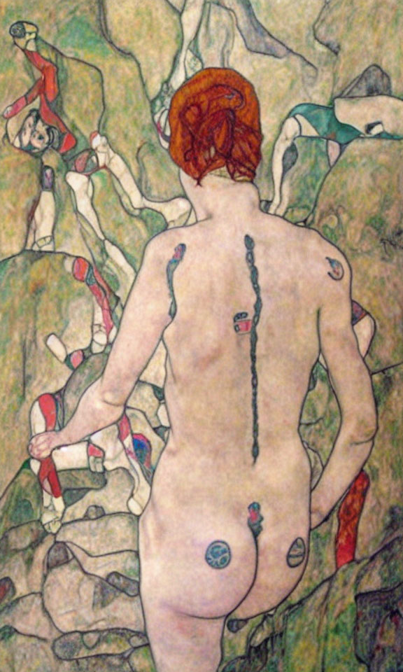 Abstract painting of nude female figure with red hair among abstract forms and figure with trumpet