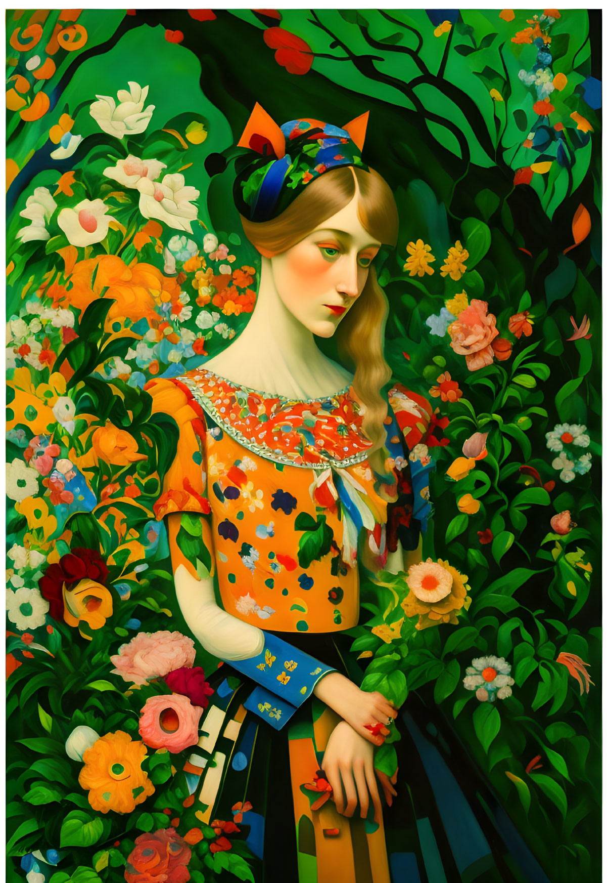 Colorful surreal painting of a woman in whimsical attire among vibrant vegetation