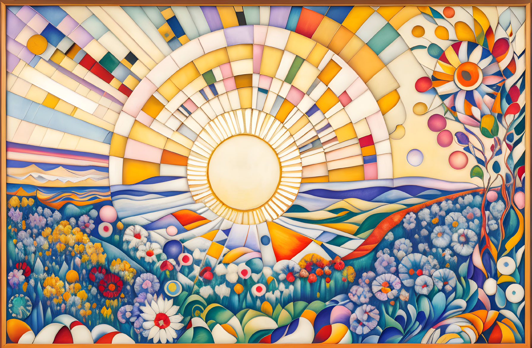 Sun Motif Stained Glass Artwork with Colorful Floral Patterns