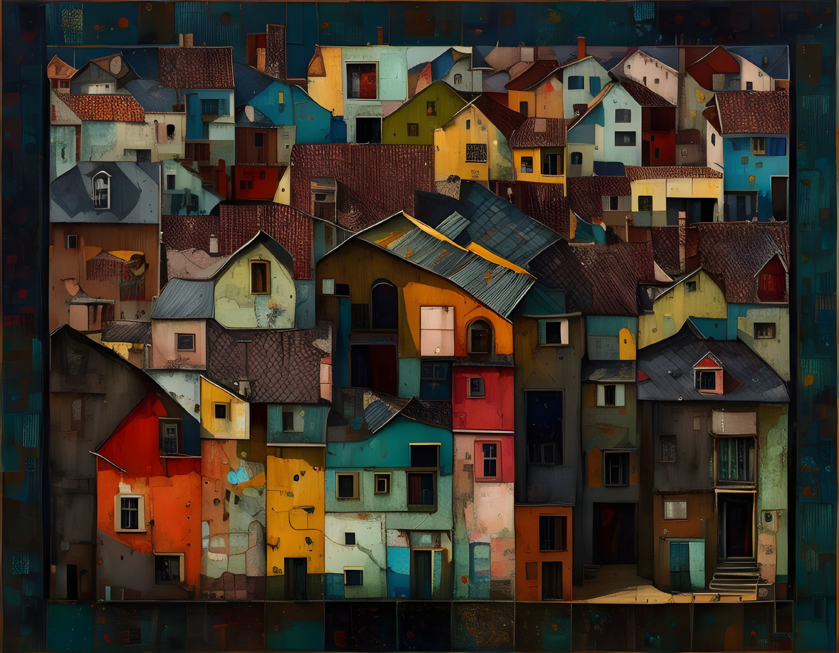 Colorful collage of diverse houses in eclectic urban landscape