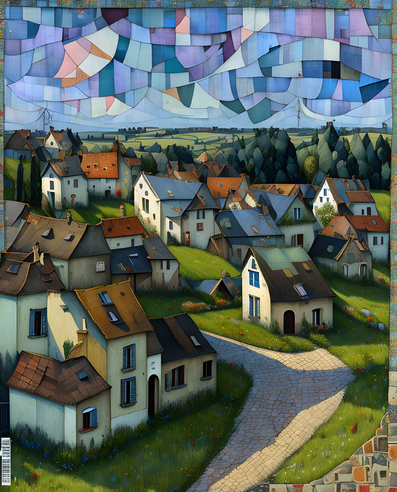 Colorful Geometric Sky Over Village Painting