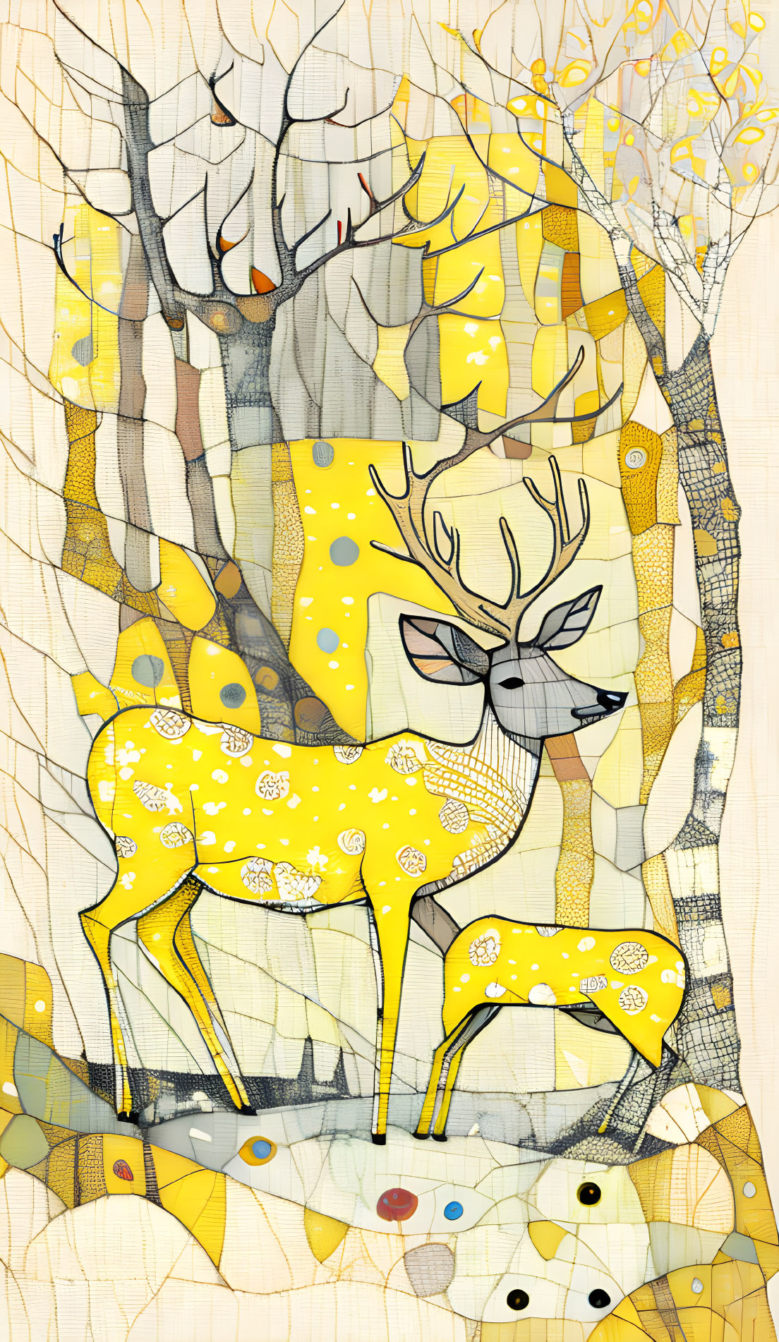 Stylized deer in yellow forest with abstract trees and colorful circles