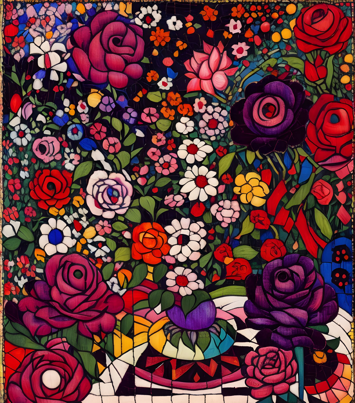 Colorful Flower Stained Glass Illustration with Roses