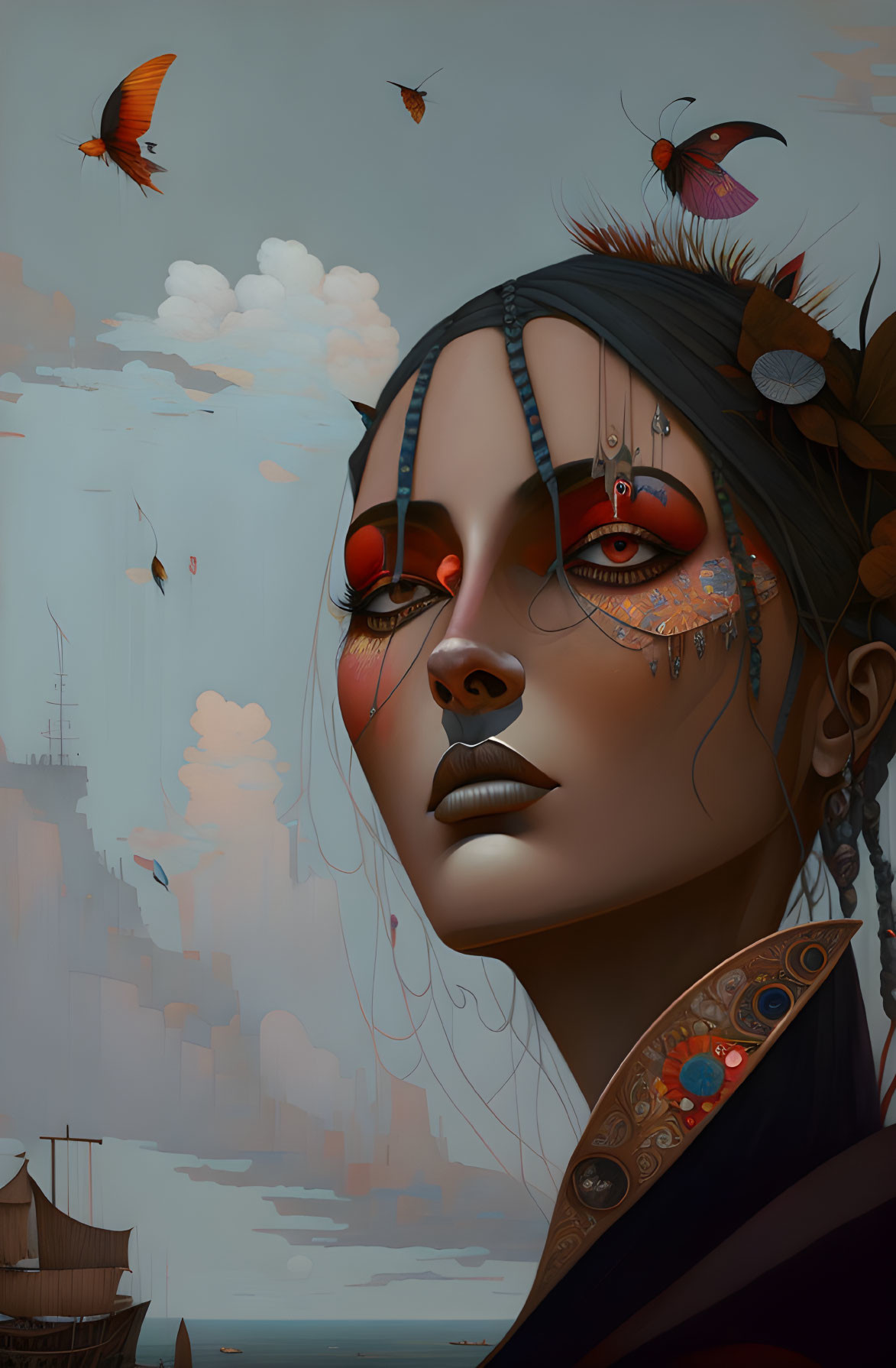 Surreal portrait of woman with face paint, butterflies, ships, and cloudy skies