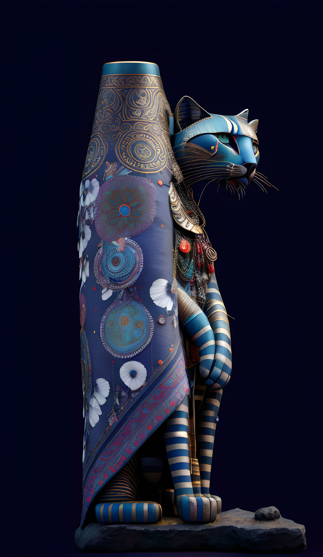 Intricate anthropomorphic cat sculpture with jewelry on dark background